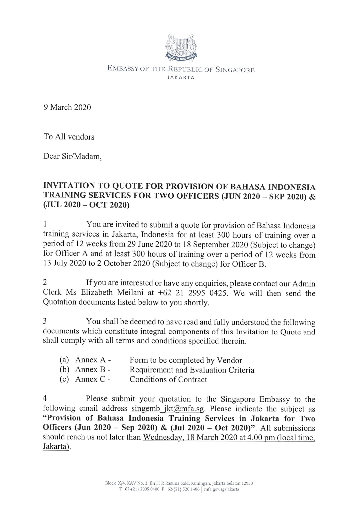 Embassy of Singapore "Invitation to Quote" document, dated March 9, 2020.